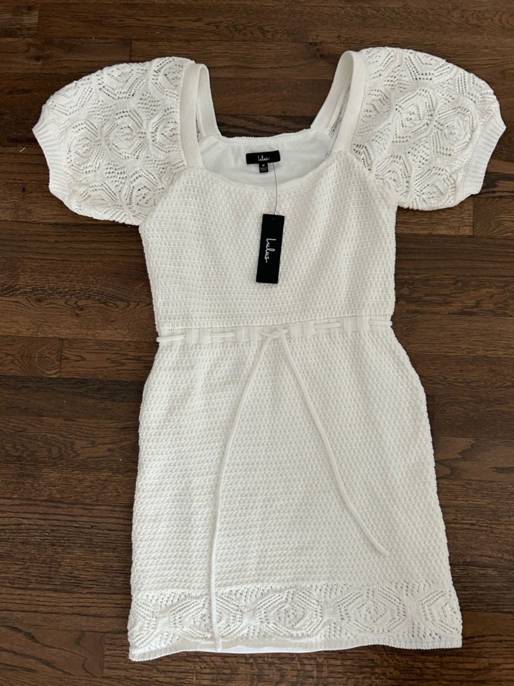 Lulu's White Crochet Puff Sleeve Mini Dress